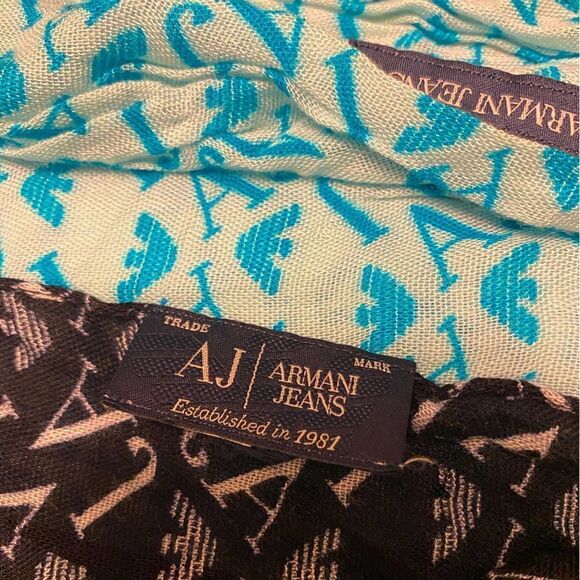 Armani logo scarf navy sky baby blue colorblock designer boho beach casual - Picture 3 of 8